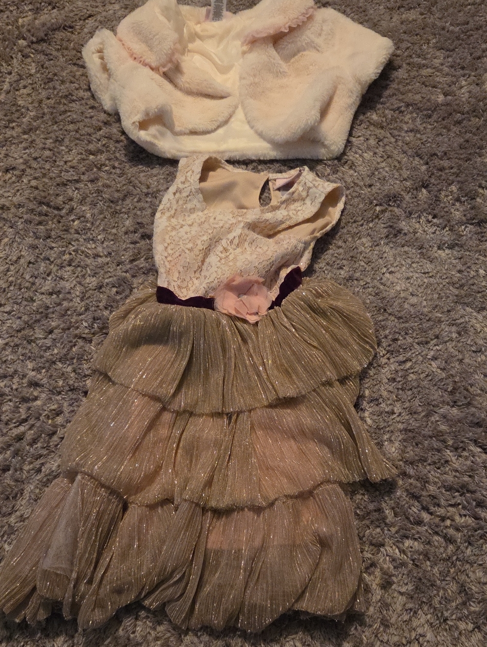 Little Lass Pink and Gold Layered Tulle Dress with Faux Fur Bolero